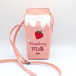 Strawberry Milk Carton Novelty Crossbody Strap Tote Bag Purse Pink